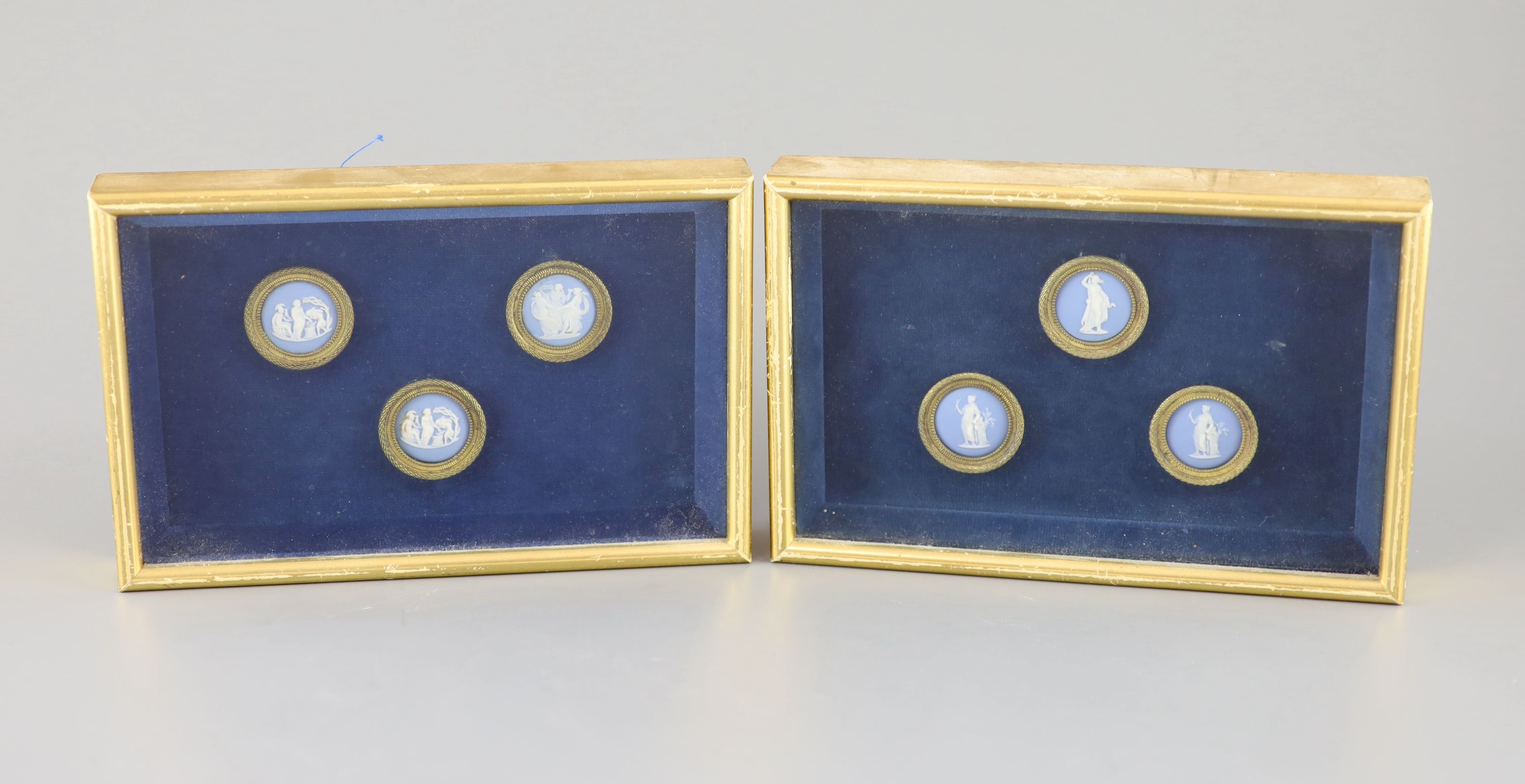 Six Wedgwood jasper ormolu mounted plaques, c.1780-5, Each ormolu mount 3.8cm, frames 15 x 23cm